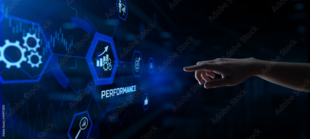 Aufkleber performance productivity kpi business development concept. hand pressing button on virtual screen.