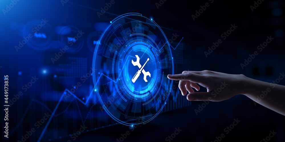 Poster technical support customer service guarantee quality assurance. hand pressing button on virtual scre