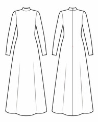 Maxi dress with long sleeves and stand-up collar fashion sketch.