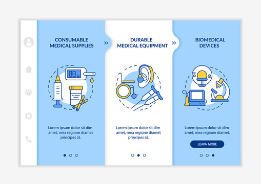Medical products donation categories onboarding vector template. Responsive mobile website with icons. Web page walkthrough 3 step screens. Aid supplies color concept with linear illustrations