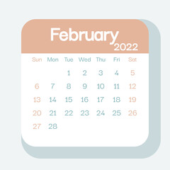 February 2022 calendar planner in pastel color, week starts on Sunday, template, mock up calendar leaf - Illustration. Vector graphic page