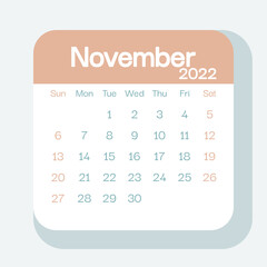 November 2022 calendar planner in pastel color, week starts on Sunday, template, mock up calendar leaf - Illustration. Vector graphic page
