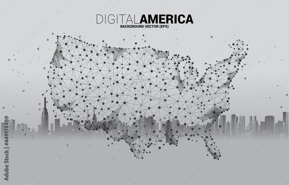 Poster vector united states map from polygon dot connect line with city background. concept for america dig