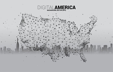 Vector United States map from Polygon dot connect line with city background. Concept for America digital network connection.