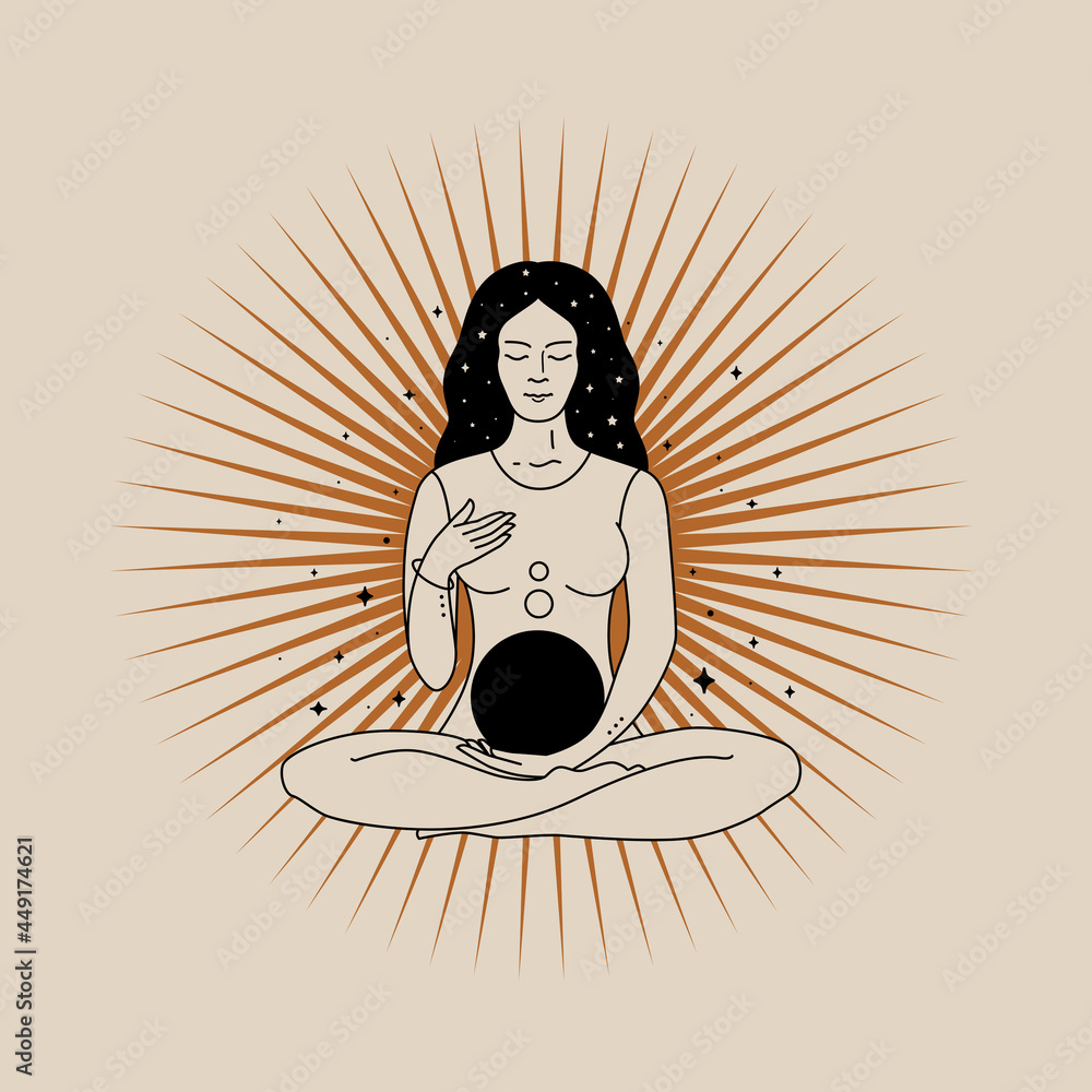Poster mystical composition with girl in lotus position and rays on a light background. vector illustration