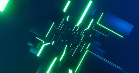Sci-Fi room, futuristic neon Electric. Green Blue Glowing. Sci-fi room picture. 3D rendering. Futuristic interior space station.