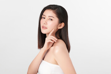 Fototapeta premium Beautiful young asian woman with clean fresh skin on white background, Face care, Facial treatment, Cosmetology, beauty and spa, Asian women portrait.