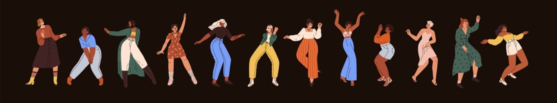 Set of diverse happy women dancing from fun and joy. Smiling young people moving to music at disco party. Collection of modern stylish female dancers in motion. Isolated flat vector illustrations