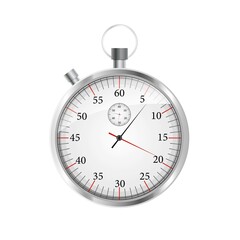 Silver stopwatch on a white background. Timer. Realistic style. Stock Vector illustration. Clock. Alarm. Time. Distance race. Sport. Arrow. Vintage subject. Background. Beautiful design. Isolated.
