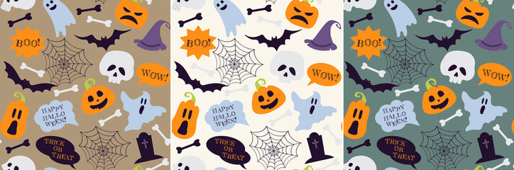 Pattern cartoon Halloween. Bat, skull, pumpkin, spider, web, grave, witch hat, ghost, lettering. Orange and purple.