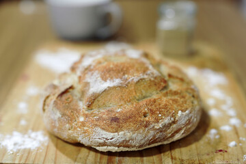 Homemade sourdough bread in a conventional oven. - 449175297