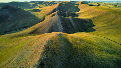 Aerial View of the Long Mountains Ridge. The beginning of the Ural mountains. Orenburg region. High...