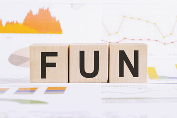 On a light background, graphs, diagrams and wooden cubes with the word FUN.