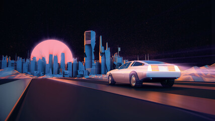 RETRO CITY SKYLINE WITH CAR: Neon glowing sun, car and starry sky | Synthwave / Retrowave / Vaporwave Background | 3D Illustration