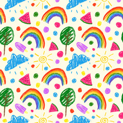 Bright colorful childish seamless pattern on ivory colored background. Crayons drawing repeat print. Cute summer background for textile, fabric, nursery, wrapping paper and decoration.