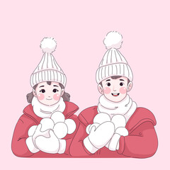 kids play snow illustration, merry Christmas
