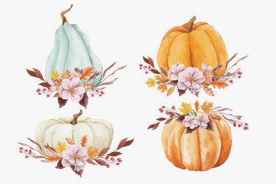 Fall pumpkin watercolor painting with floral leaves and berries in