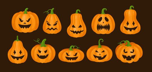 Cartoon monster orange pumpkins, jack lantern for Halloween party greeting card, spooky creepy facial smiles on carved squash isolated. Pumpkin Helloween scary faces set vector illustration