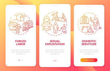 Human trading forms onboarding mobile app page screen. Bondage and slavery walkthrough 3 steps graphic instructions with concepts. UI, UX, GUI vector template with linear color illustrations