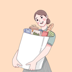 girl with vegetables and fruits illustration. World food day. Shopping.