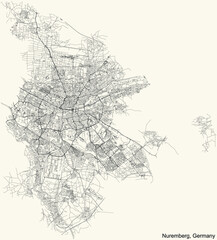 Black simple detailed street roads map on vintage beige background of Nuremberg, Germany