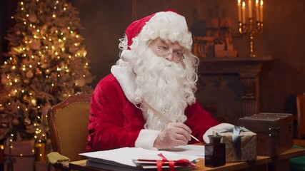 Workplace of Santa Claus. Cheerful Santa is writing the letter while sitting at the table. Fireplace and Christmas Tree in the background. Christmas concept. - Powered by Adobe