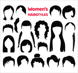 Set of fashionable haircuts and hairstyles for womens or girls. Vector modern black hair silhouettes, isolated on white background. - obrazy, fototapety, plakaty
