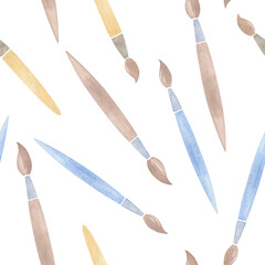Seamless watercolor pattern of paint brushes on a white background.