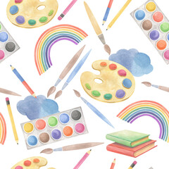 Seamless watercolor pattern of stationery and creative tools.