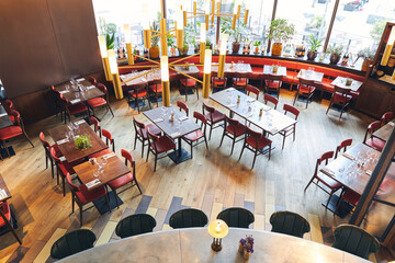High angle of furniture in restaurant interior