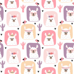 Girly pattern with cute llamas, childish seamless background, hand drawn vector illustration. Perfect for fabric, textile, wallpaper. © Colorlife