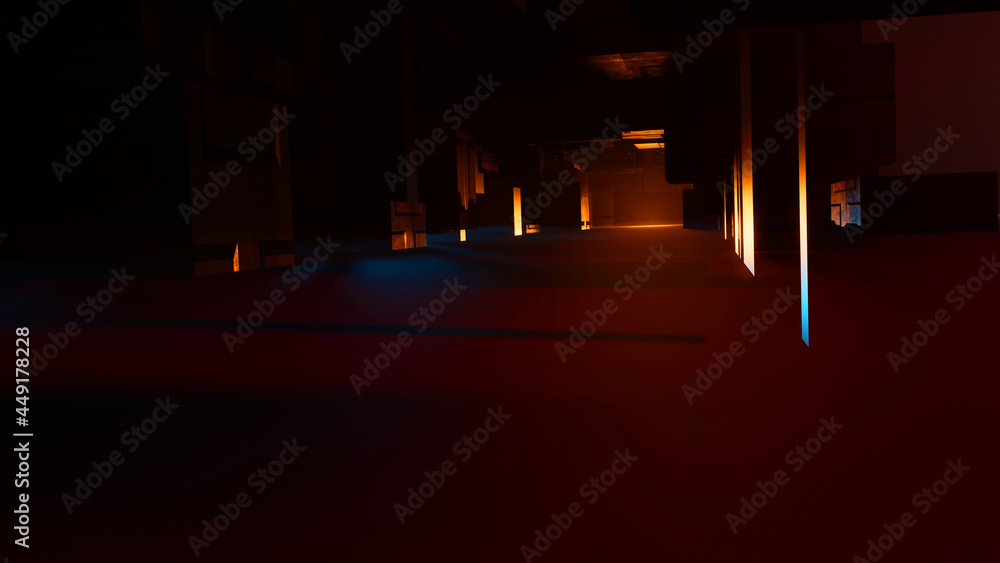 Poster 3d rendering of a sci-fi tunnel with moving light abstract