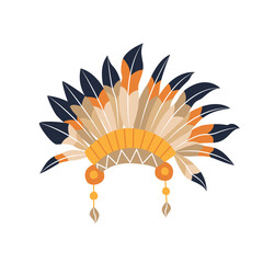 Traditional Native American feather headdress. Color cartoon warbonnet icon. Masquerade costume for Thanksgiving. Hat for a festive autumn parade. Object, element, clipart, item for greeting card. - obrazy, fototapety, plakaty