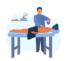 Acupuncture therapy. Acupuncturist holding a needle. A patient lying on the table. Traditional asian medicine, treatment. A vector cartoon illustration.
