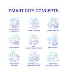 Smart city gradient blue concept icons set. Urban area processes idea thin line color illustrations. Innovative technologies. Quality of city life improvement. Vector isolated outline drawings.