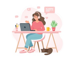Fototapeta na wymiar Home office concept, woman working from home, student or freelancer. Cute vector illustration in flat style