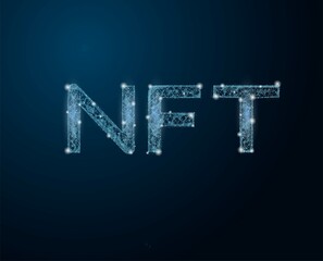 NFT nonfungiblepolygonal art tokens concept on dark blue background.