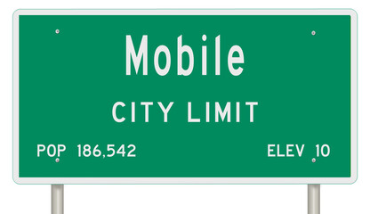 Rendering of a green Alabama highway sign with city information