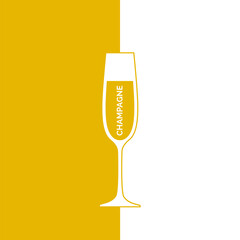 Champagne glass in minimalist linear style with text. Contour of glassware on right side in form of fine line. Drink is depicted in form of shape with colored fill. Isolated image on white backdrop