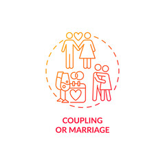 Fototapeta premium Coupling or marriage red concept icon. Adulthood process. Love and wedding ceremony. Financial freedom. Starting a family abstract idea thin line illustration. Vector isolated outline color drawing.