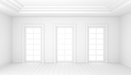 Classical empty room interior 3d render,The rooms have white floors , white wall and white ceiling,decorate with white molding,there are three white window .illustration.