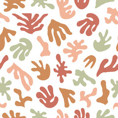 Modern seamless pattern of abstract colorful organic shapes on white background. Inspired Matisse vector minimal design	
