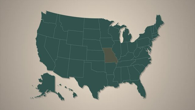Missouri federal state blinking red highlighted in map of USA