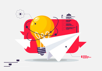 Vector illustration of a glowing light bulb, the concept of a big idea, a paper airplane, the concept of a business idea