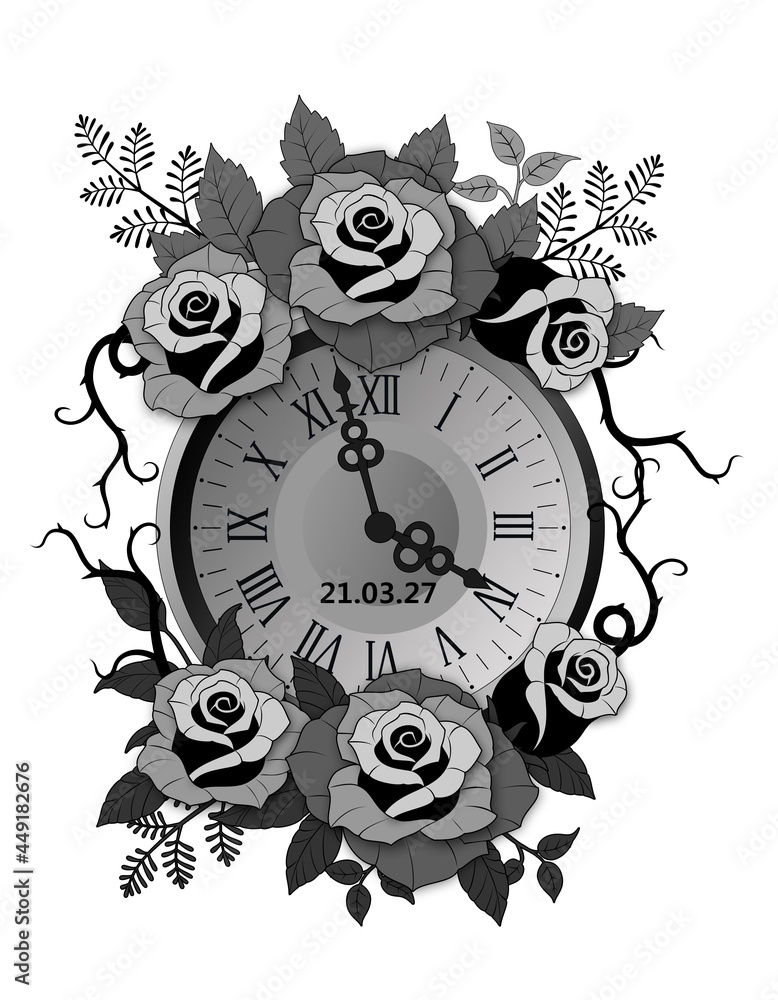 Wall mural Clock and rose illustration tattoo design T-shirt design