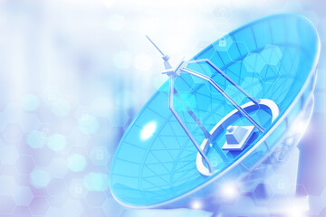 Satellite dish data transmission on technology background. 3d illustration