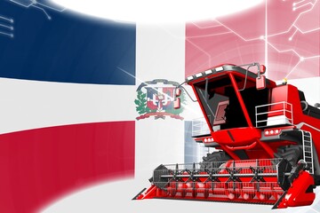 Obraz na płótnie Canvas Digital industrial 3D illustration of red advanced farm combine harvester on Dominican Republic flag - agriculture equipment innovation concept