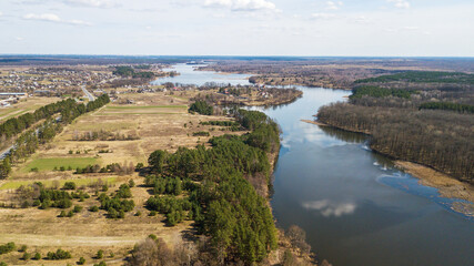 Aerial view of the Teterev river and the forest near the river