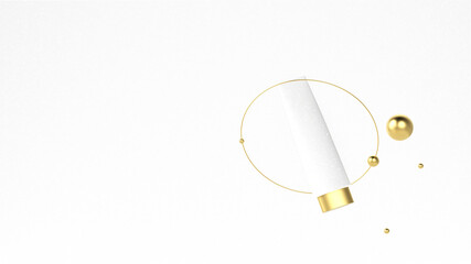 White cosmetic tube with golden cap on the white background with gold geometric shapes. Beautiful cosmetic and makeup podium background. Blank mock up, blurred banner, 3d rendering illustration.