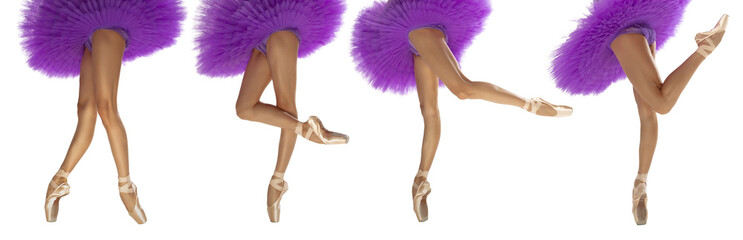 Close-up female legs in pointe shoes and purple tutu isolated on white studio background. Concept...